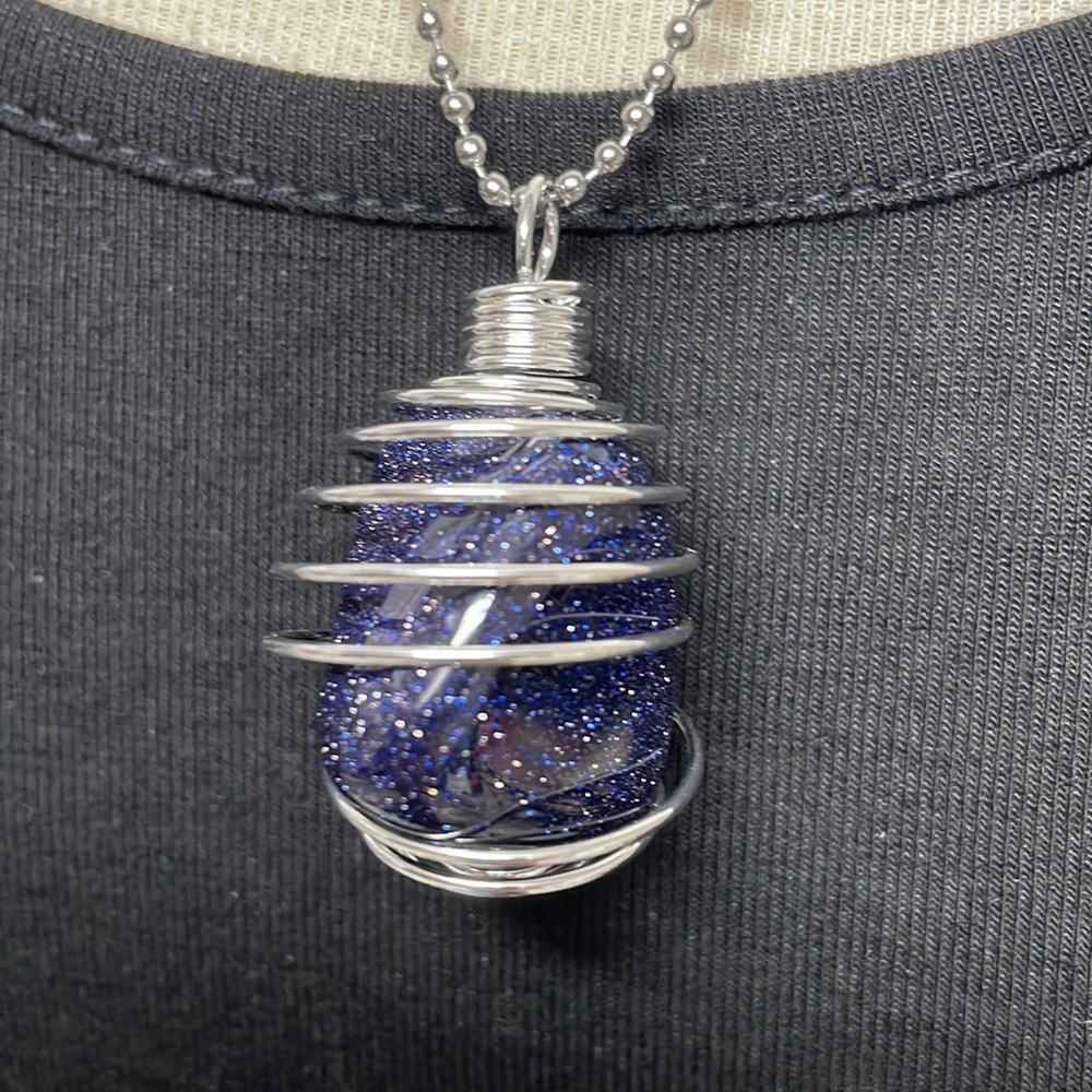 Tumbled Blue Goldstone Cage Charm Necklace (3)